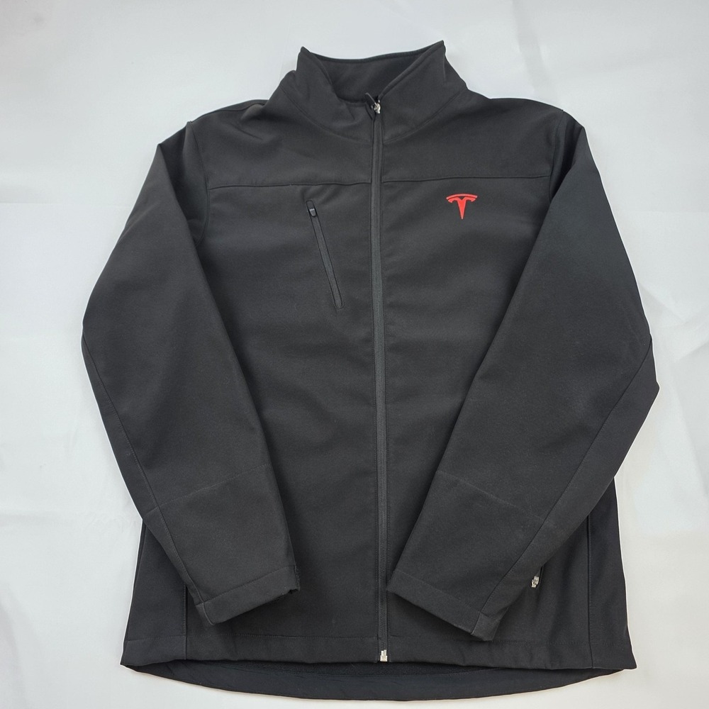 Tesla Jacket Mens Medium Black Softshell Full Zip Red Logo Car Windbreaker
